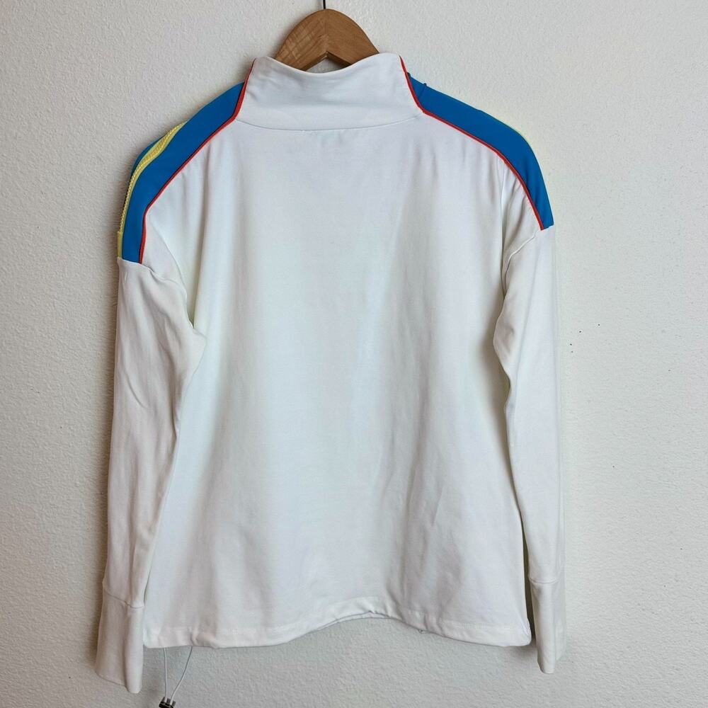 L'Etoile Sport Performance Top Womens XS White Stripe Funnel Neck Shoulder Zip
